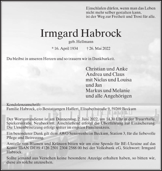 Traueranzeige von Irmgard Habrock von Die Glocke