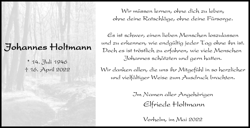  Traueranzeige für Johannes Holtmann vom 18.05.2022 aus Die Glocke