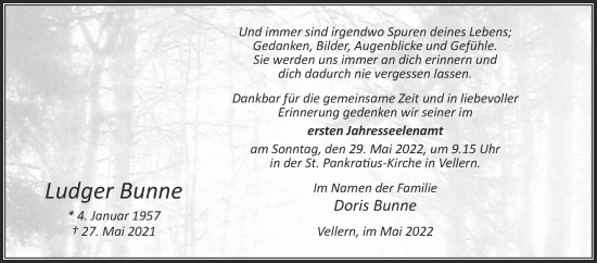 Traueranzeige von Ludger Bunne von Die Glocke