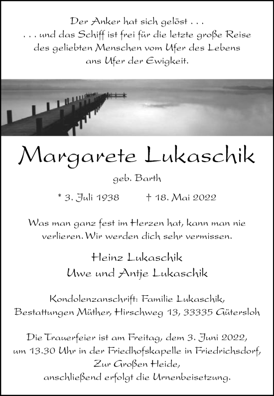 Traueranzeige von Margarete Lukaschik von Die Glocke