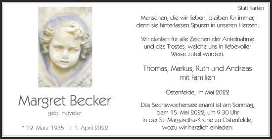 Traueranzeige von Margret Becker von Die Glocke