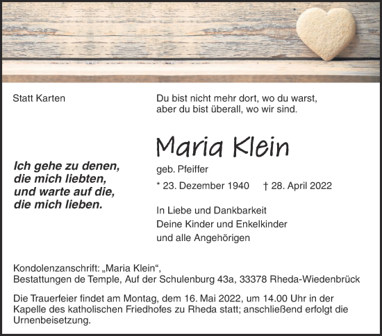 Traueranzeige von Maria Klein von Die Glocke