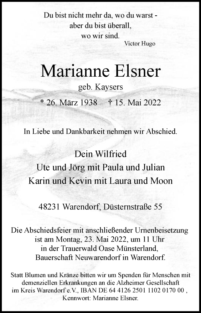  Traueranzeige für Marianne Elsner vom 21.05.2022 aus Die Glocke