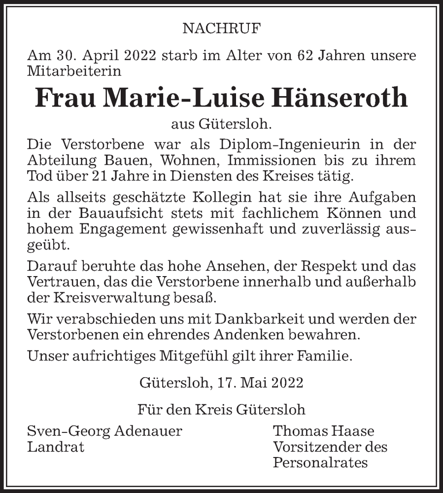  Traueranzeige für Marie-Luise Hänseroth vom 20.05.2022 aus Die Glocke