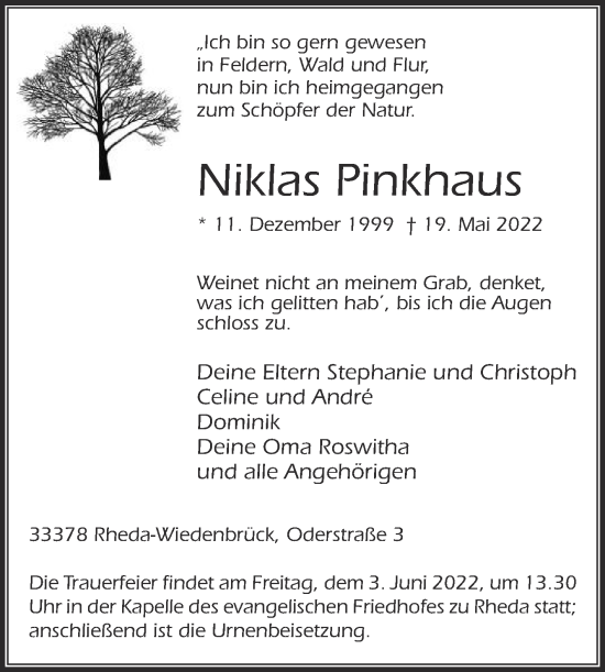 Traueranzeige von Niklas Pinkhaus von Die Glocke