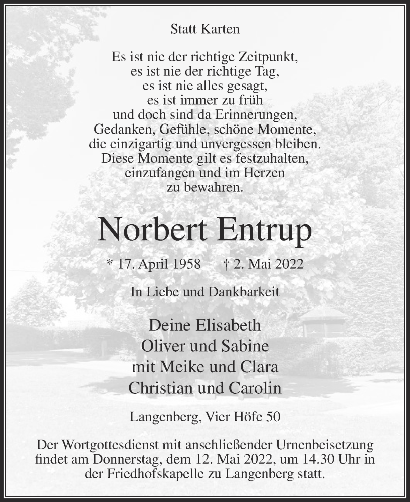  Traueranzeige für Norbert Entrup vom 07.05.2022 aus Die Glocke