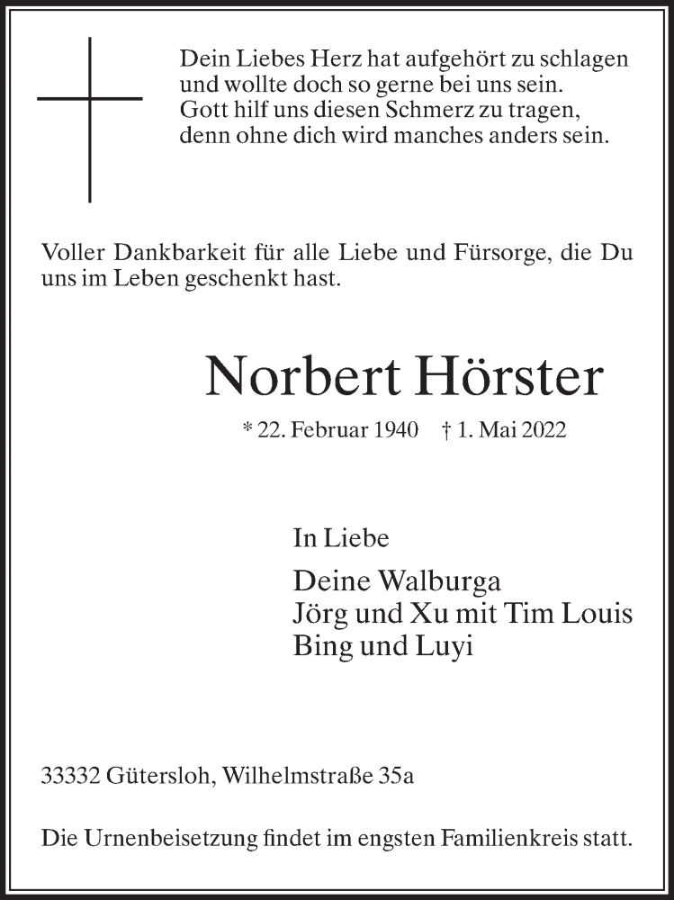  Traueranzeige für Norbert Hörster vom 04.05.2022 aus Die Glocke