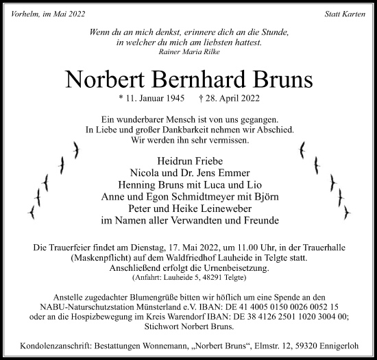 Traueranzeige von Norbert Bernhard Bruns von Die Glocke