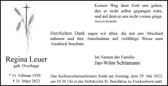 Traueranzeige von Regina Leuer von Die Glocke