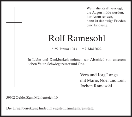 Traueranzeige von Rolf Ramesohl von Die Glocke