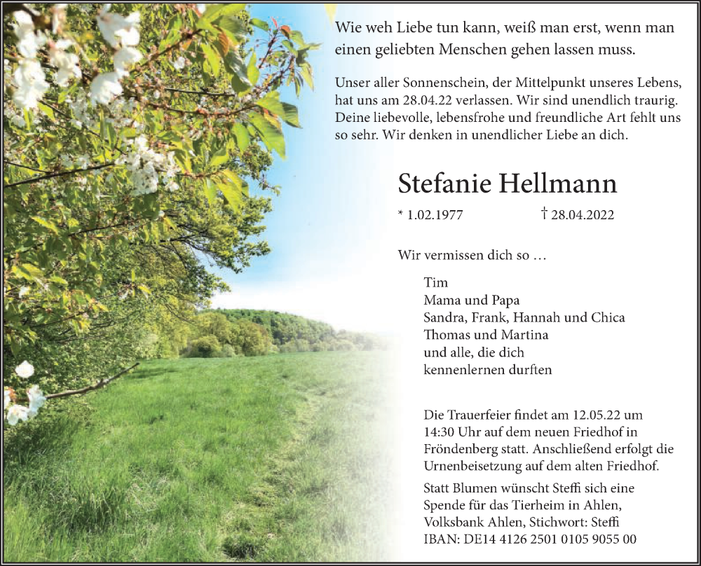  Traueranzeige für Stefanie Hellmann vom 07.05.2022 aus Die Glocke