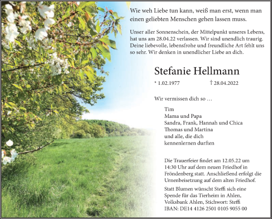 Traueranzeige von Stefanie Hellmann von Die Glocke