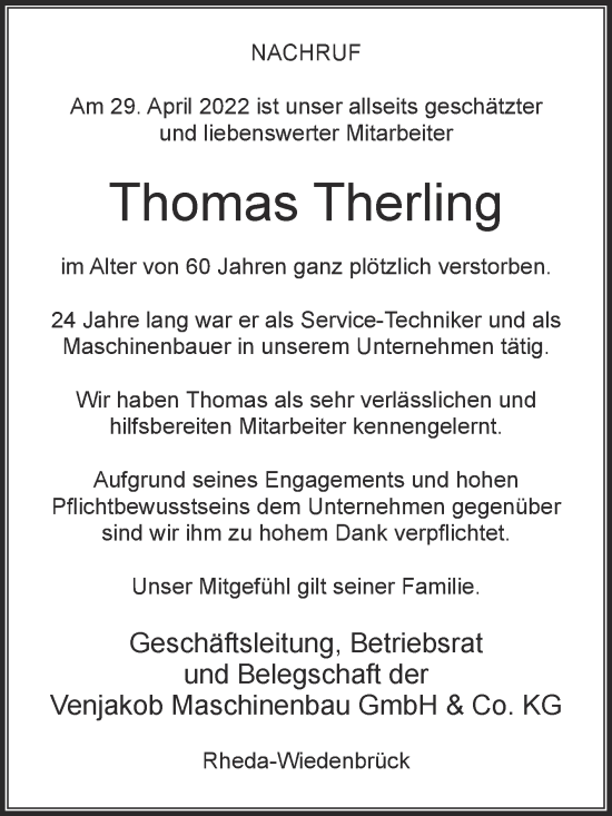 Traueranzeige von Thomas Therling von Glocke Trauer