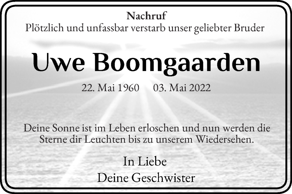  Traueranzeige für Uwe Boomgaarden vom 14.05.2022 aus Glocke Trauer