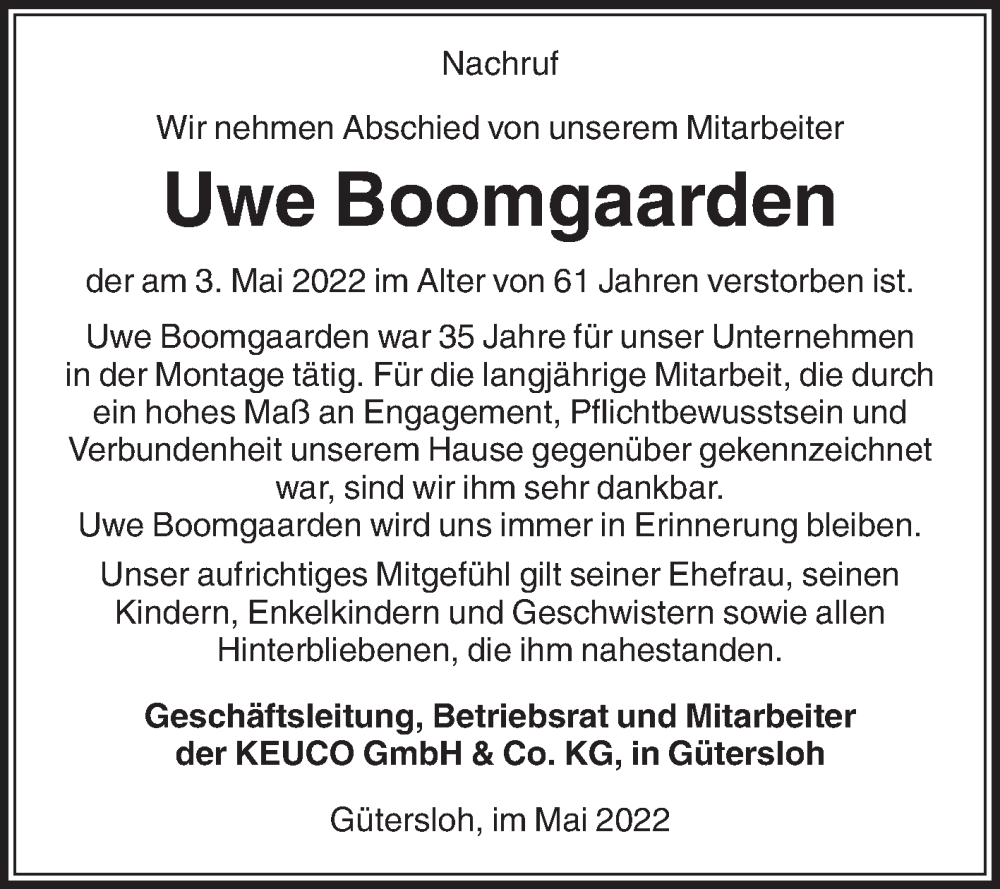  Traueranzeige für Uwe Boomgaarden vom 07.05.2022 aus Die Glocke