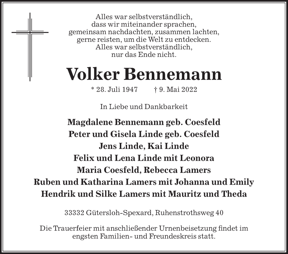  Traueranzeige für Volker Bennemann vom 14.05.2022 aus Die Glocke