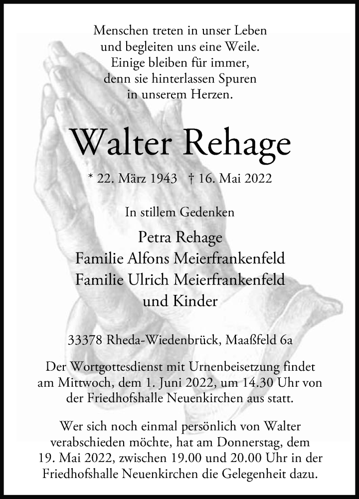  Traueranzeige für Walter Rehage vom 18.05.2022 aus Die Glocke