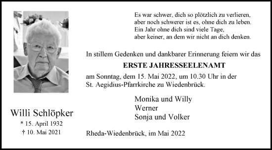 Traueranzeige von Willi Schlöpker von Die Glocke