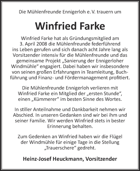 Traueranzeige von Winfried Farke von Die Glocke