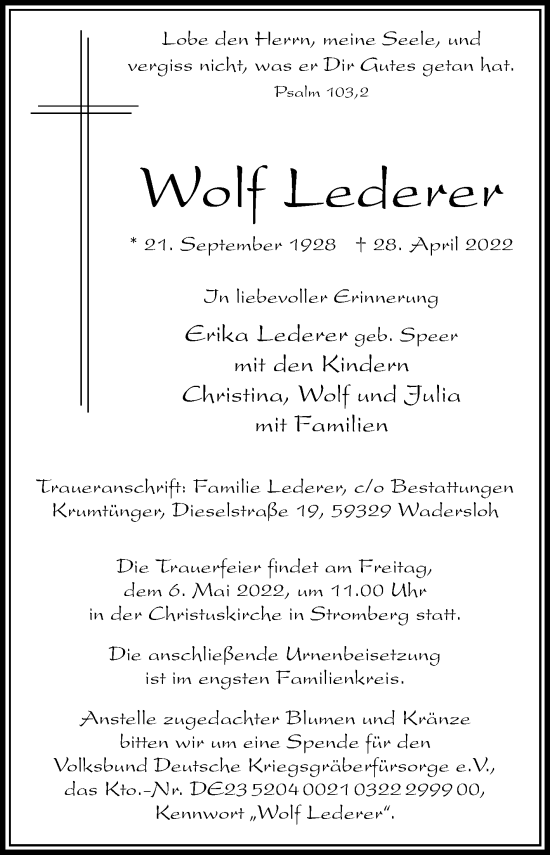 Traueranzeige von Wolf Lederer von Die Glocke