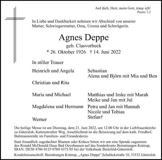 Traueranzeige von Agnes Deppe von Die Glocke
