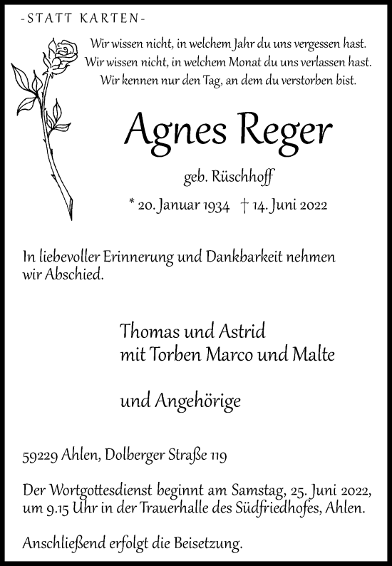 Traueranzeige von Agnes Reger von Die Glocke