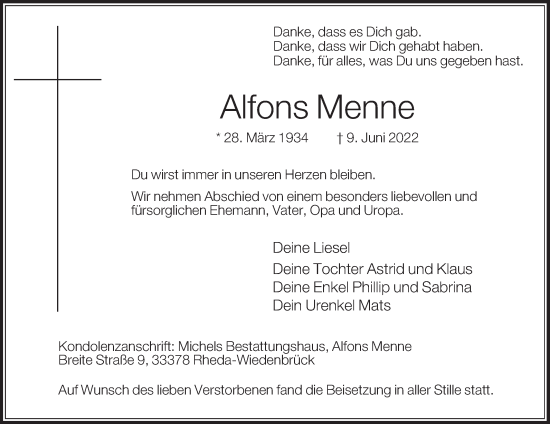 Traueranzeige von Alfons Menne von Die Glocke