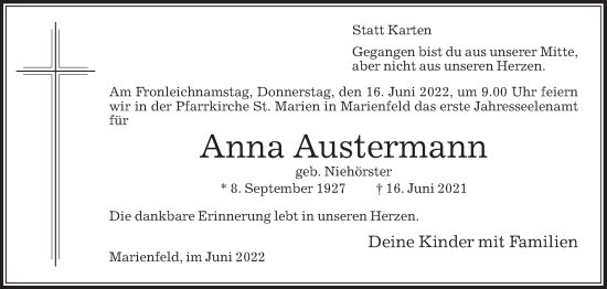 Traueranzeige von Anna Austermann von Die Glocke