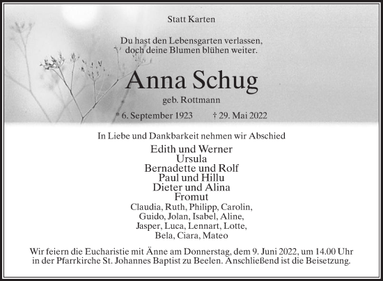 Traueranzeige von Anna Schug von Die Glocke