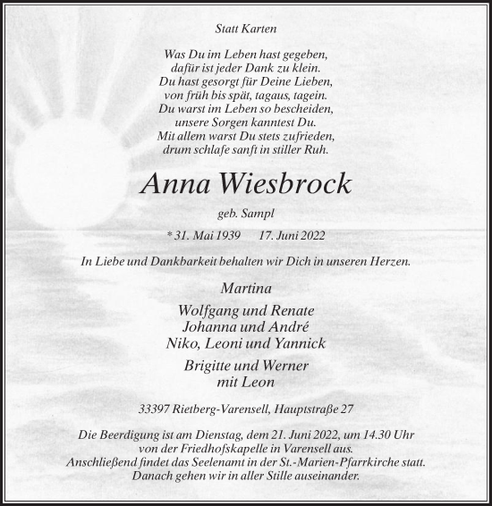 Traueranzeige von Anna Wiesbrock von Die Glocke