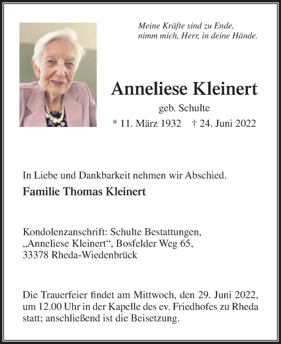 Traueranzeige von Anneliese Kleinert von Die Glocke