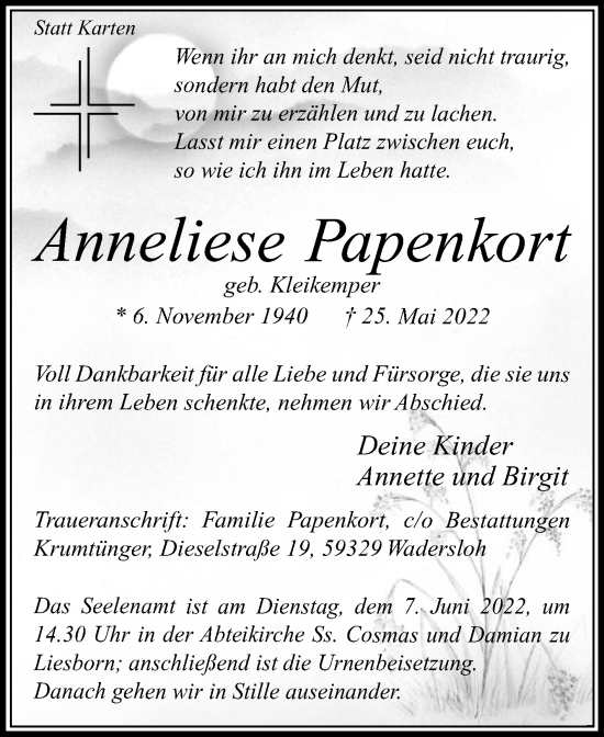 Traueranzeige von Anneliese Papenkort von Die Glocke