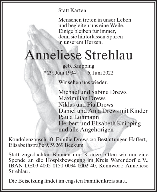 Traueranzeige von Anneliese Strehlau von Die Glocke