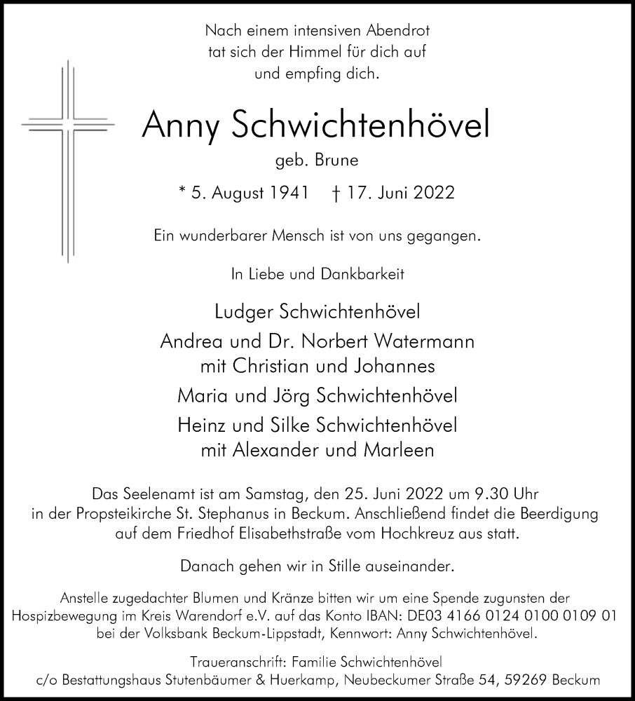  Traueranzeige für Anny Schwichtenhövel vom 22.06.2022 aus Die Glocke