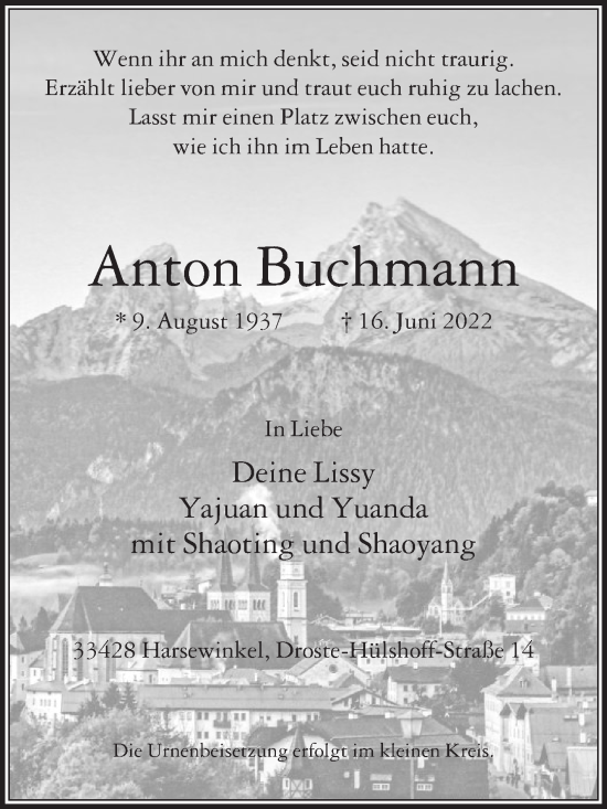 Traueranzeige von Anton Buchmann von Die Glocke