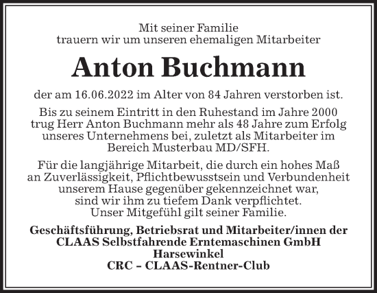 Traueranzeige von Anton Buchmann von Die Glocke
