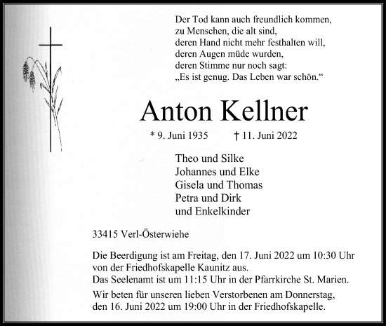 Traueranzeige von Anton Kellner von Die Glocke