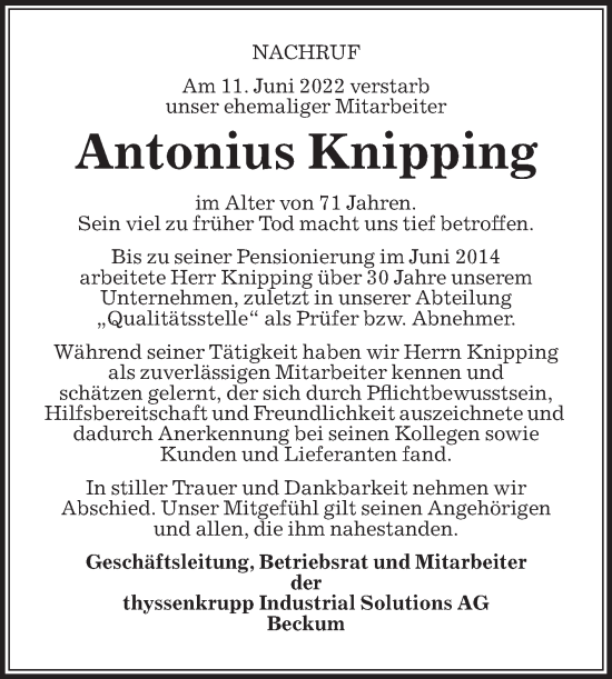 Traueranzeige von Antonius Knipping von Die Glocke