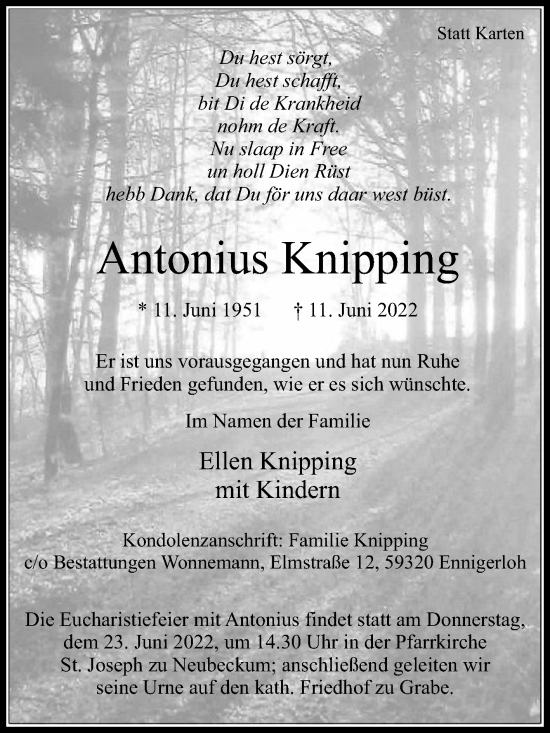 Traueranzeige von Antonius Knipping von Die Glocke