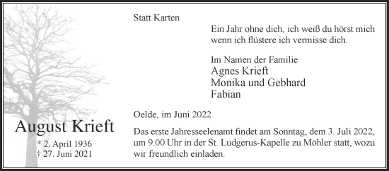 Traueranzeige von August Krieft von Die Glocke