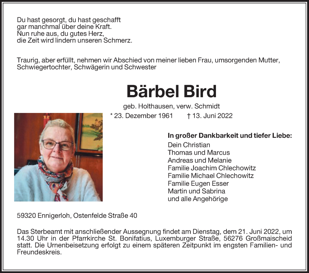  Traueranzeige für Bärbel Bird vom 18.06.2022 aus Die Glocke