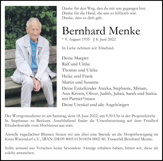 Traueranzeige von Bernhard Menke von Die Glocke