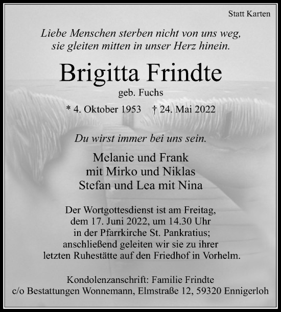 Traueranzeige von Brigitta Frindte von Die Glocke