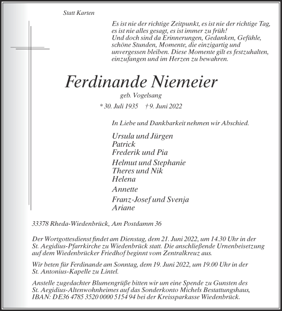 Traueranzeige von Ferdinande Niemeier von Die Glocke