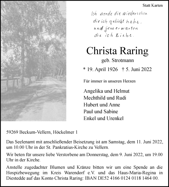 Traueranzeige von Christa Raring von Die Glocke
