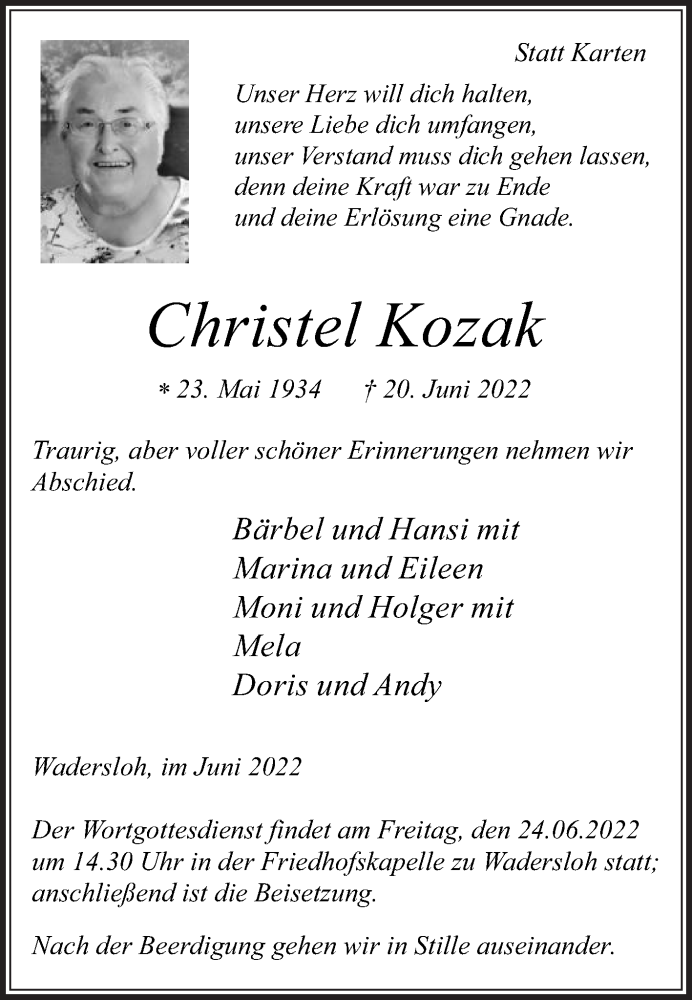  Traueranzeige für Christel Kozak vom 22.06.2022 aus Die Glocke