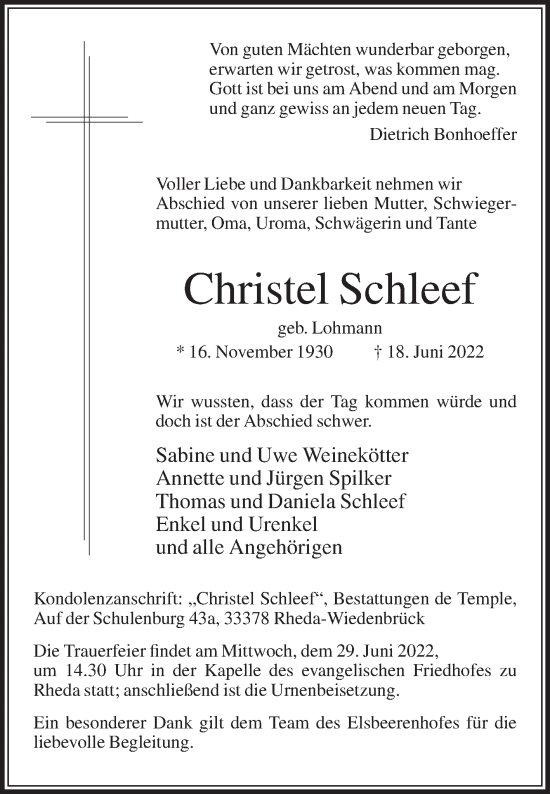Traueranzeige von Christel Schleef von Die Glocke