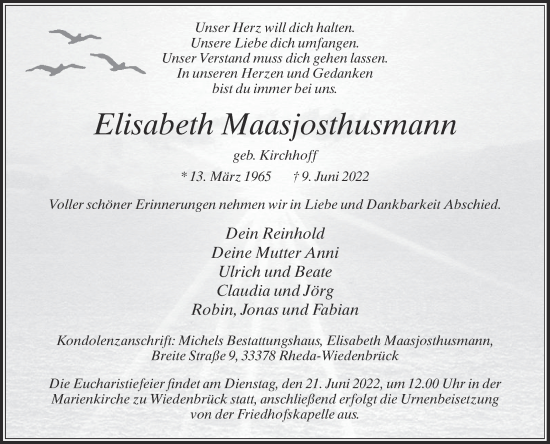 Traueranzeige von Elisabeth Maasjosthusmann von Die Glocke