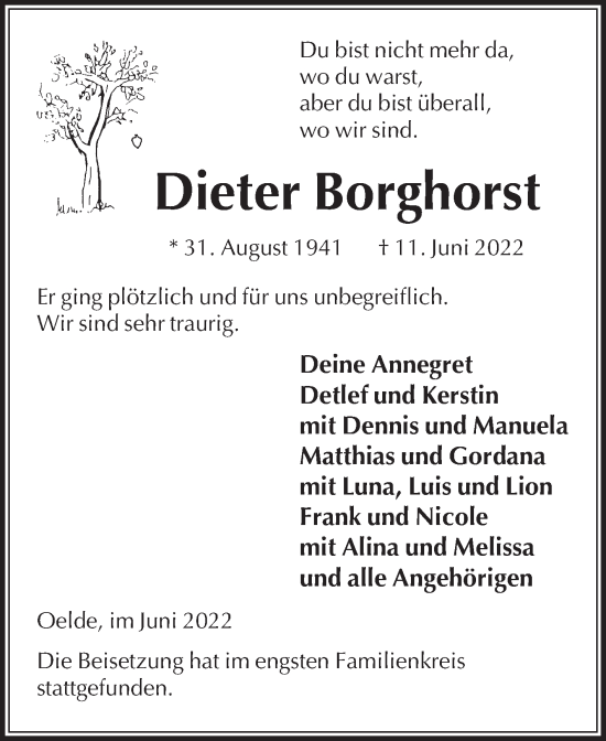 Traueranzeige von Dieter Borghorst von Die Glocke