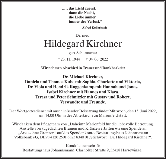 Traueranzeige von Hildegard Kirchner von Die Glocke